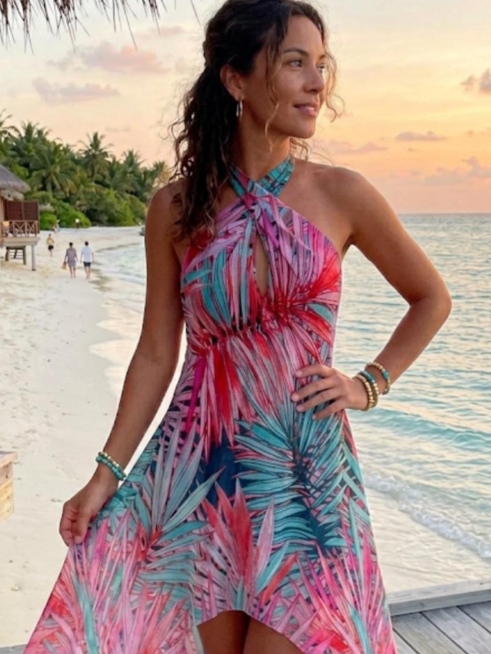 Beach Tropical Palm Print Halter High Low Dress Pink Teal Petite Small
